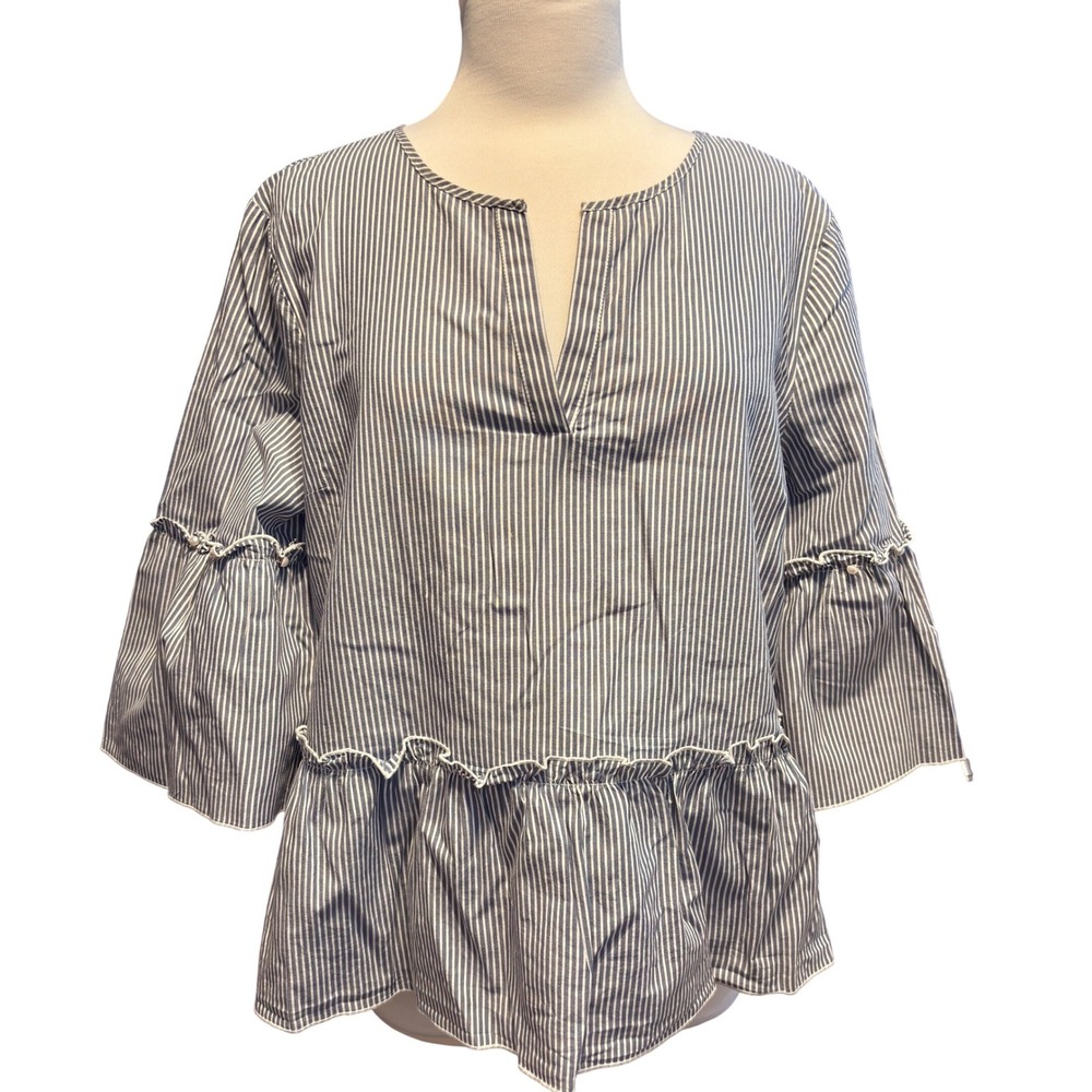 Ivanka Trump Peplum Blouse Womens XL Blue White Excellent Striped Ruffle‎ Sleeve